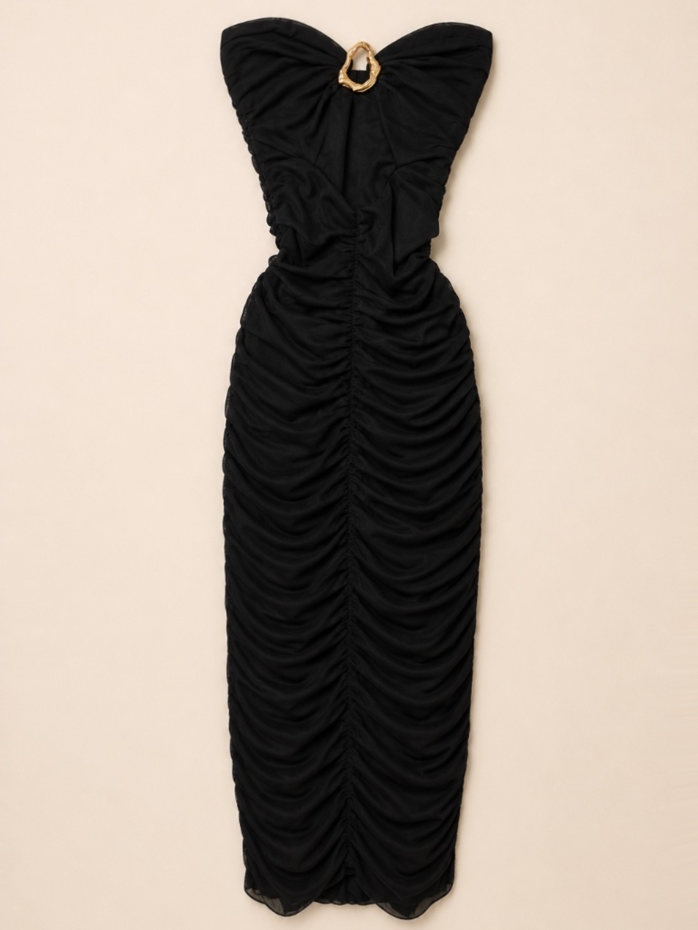 Oh Polly Black Ruched Gold Detail Midi Dress – Size 2